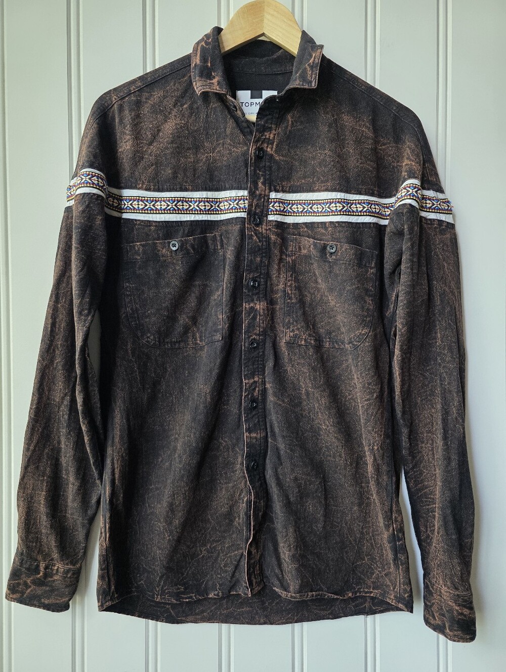 Topman Acid Wash Aztec Casual Western Button Shirt Brown Black Mens XS